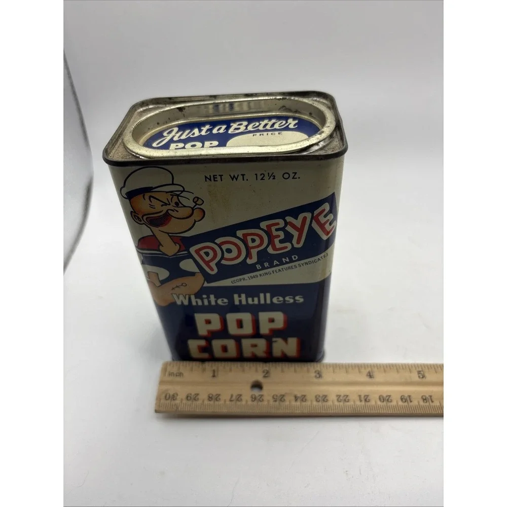 Vtg 1949 Popeye White Hulless Popcorn Tin Can 12.5 Oz  Empty Prop Advertising
